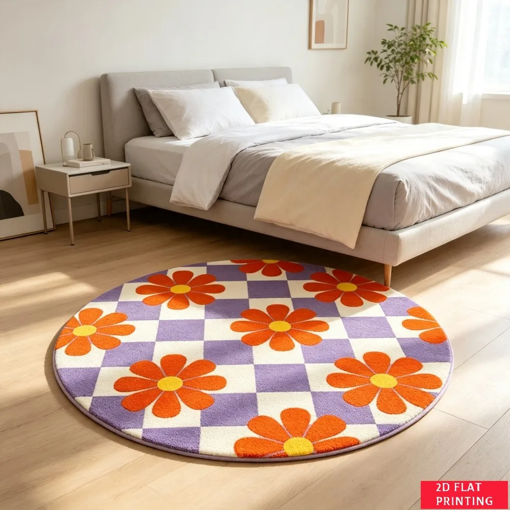 Retro Daisy Checkerboard Purple Orange Round Rug For 70s Inspired Bedroom Or Playroom Featuring Bold Floral Printed Carpet Style