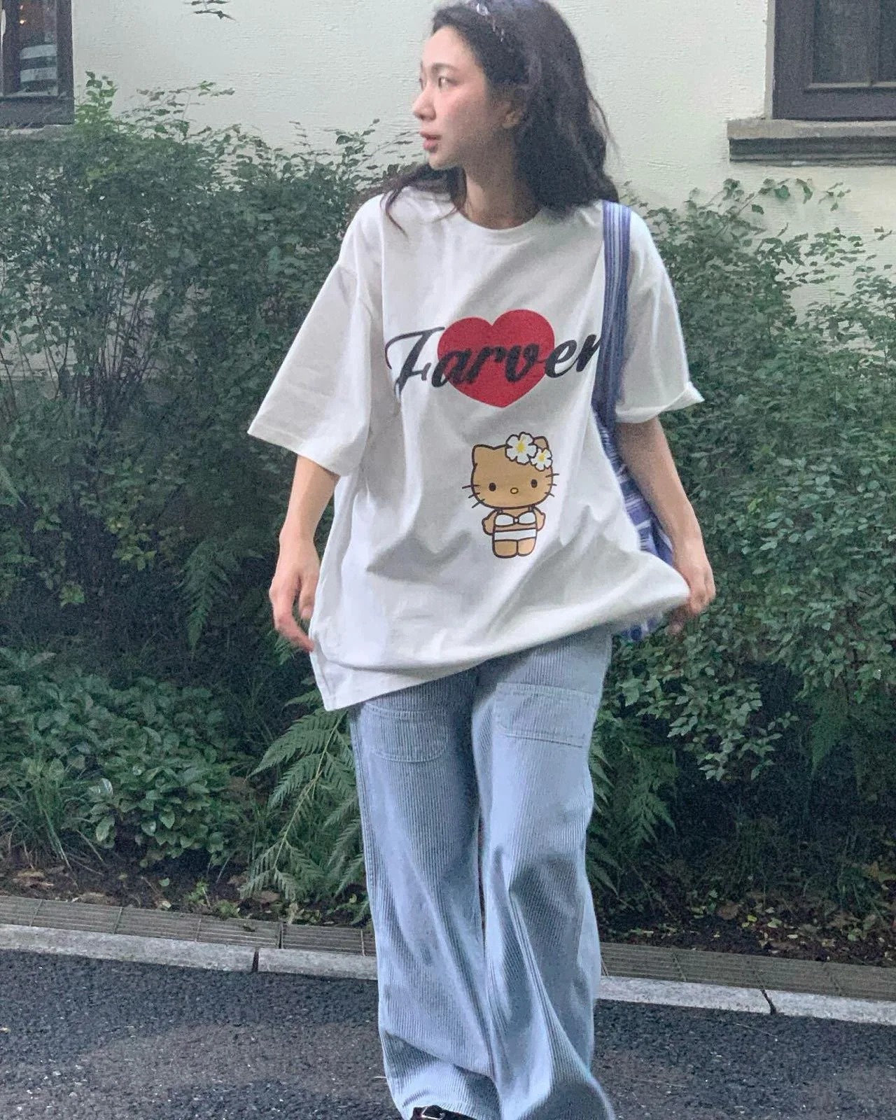 T-shirt lunga ampia Sve da donna con stampa cartoon casual coreana in cotone Sle assorbente del sudore rotondo Ne ort Sve Top