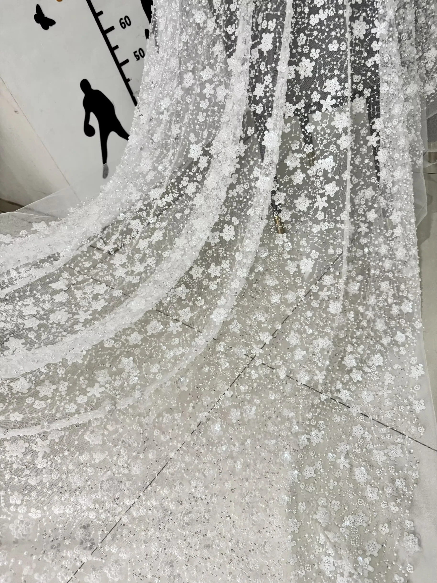 

Sparkle Fabric Dense 3D 3mm 7mm Sequin Glitter Mesh Base Wedding Dresses Embroidered Full Bead Tube Pearl Lace Material