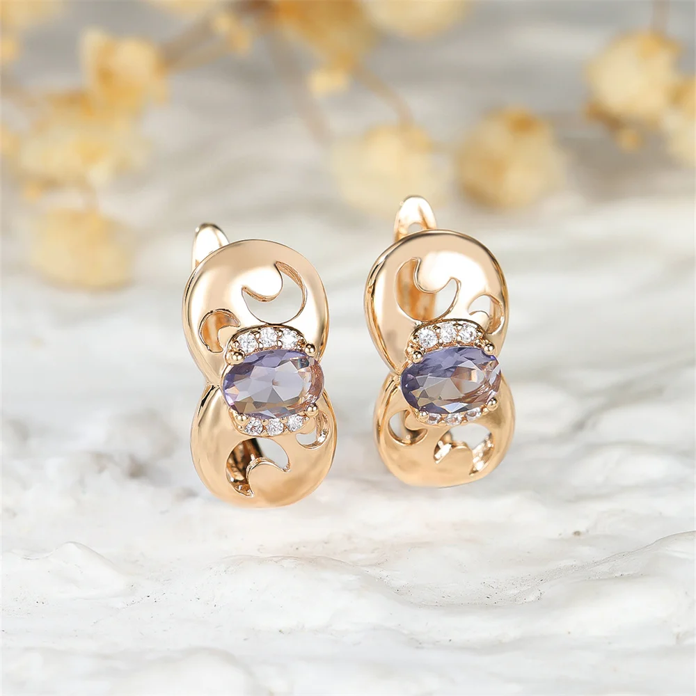 Hollow Moon Gourd Purple Zircon Oval Stone Hoop Earrings For Women Vintage Gold Color Ear Buckle Wedding Jewelry Versatile Gifts