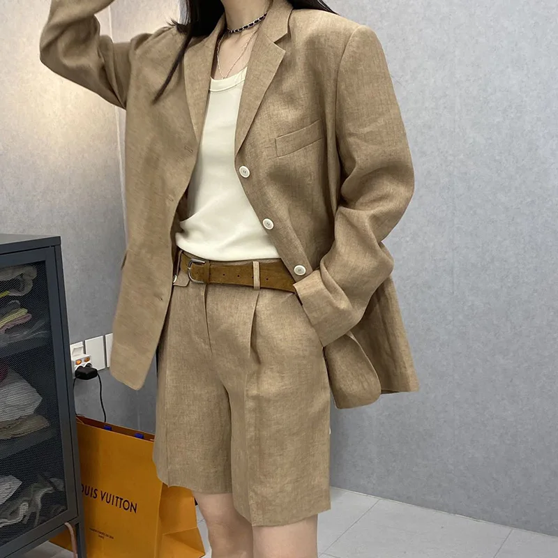 QOERLIN Stylish 2 Sets Elegant Single-Breasted Notched Collar Long Sleeve Suit Blazer Women Long Sleeve Jacket Coat Shorts Suits