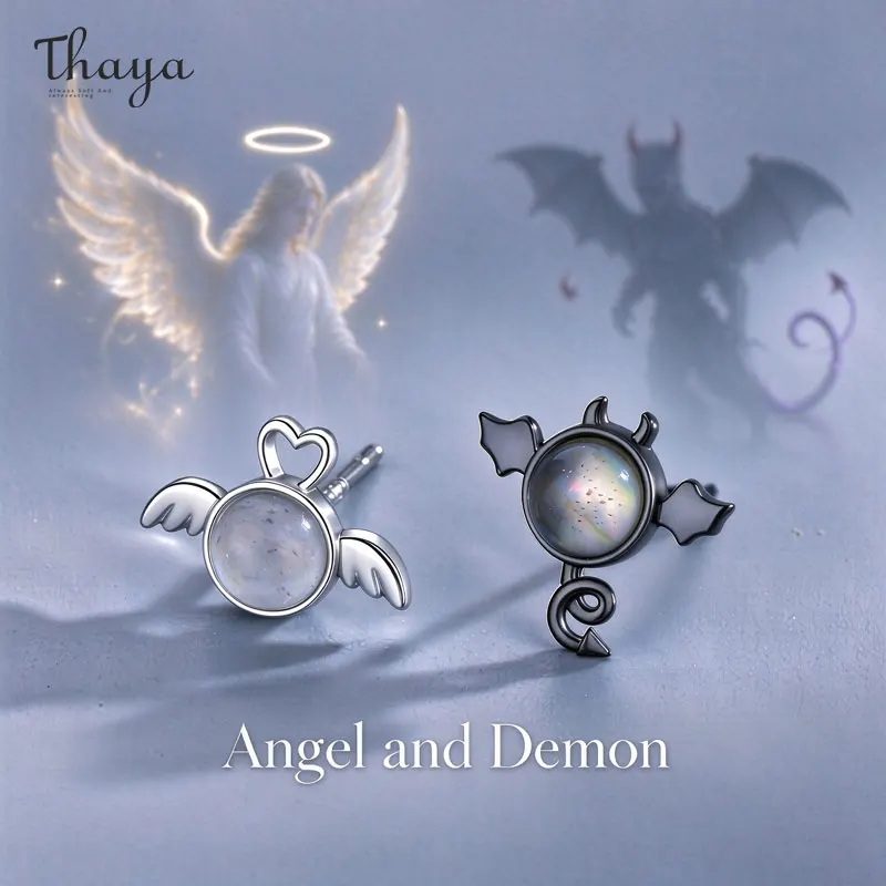 Thaya Original Design S925 Silver Female Earrings Angels & Demons Vintage Fashion Earring Stud for Girls Simple Fine Jewelry