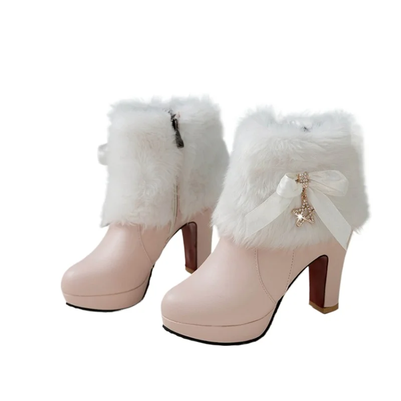 Snow Boots Womens Winter Warm Plush Fashion High Heels Pink White Black Fur Bowt Dress Party Wedding Platform Boots 526-1 view 2