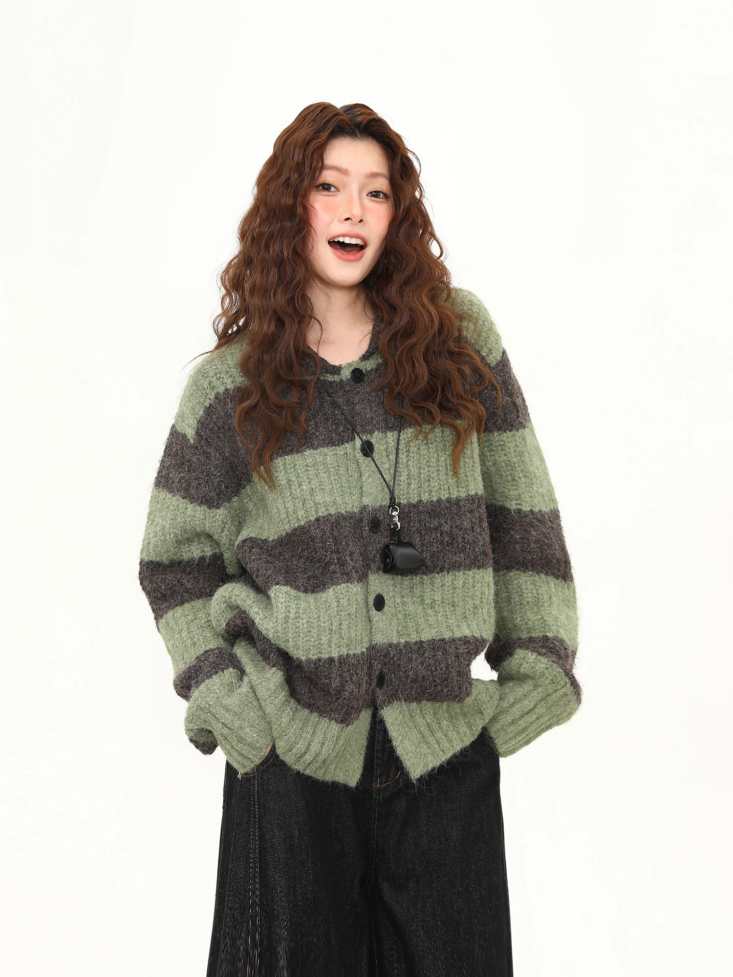 

Wild American Retro Striped Sweater Women's Winter Thi Lazy Aosphere Knitted Coat Street Sle Loose Fit Long Sve roun...