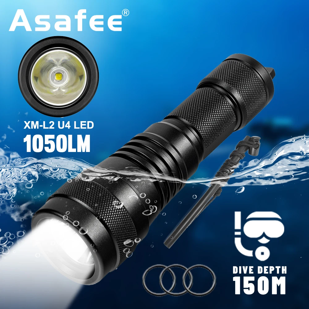 Asafee 150M Deep Diving L2 LED Flashlight 1 Mode 1050LM Rotary Switch 260M Range Scuba Dive Light IPX8 Waterproof Torch