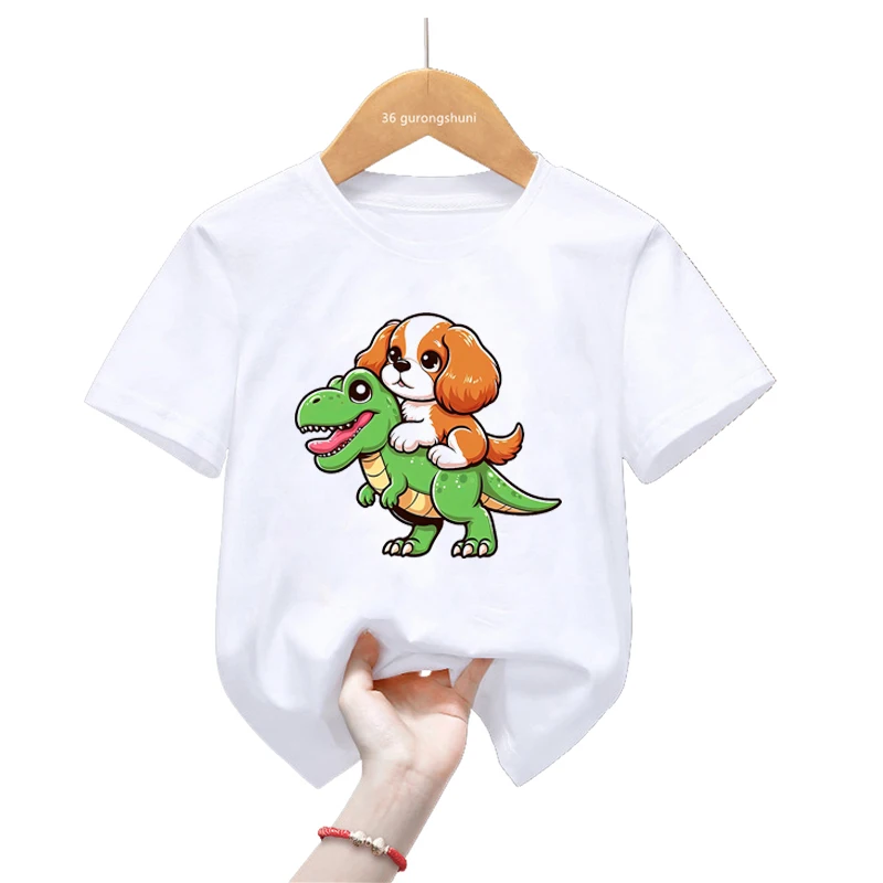 Poodle Dog/Chihuahua/Cavalier King /Papillon Dog/Pug Love T-Rex Dinosaur Print T Shirt For Girls/Boys Kawaii Kids Clothes