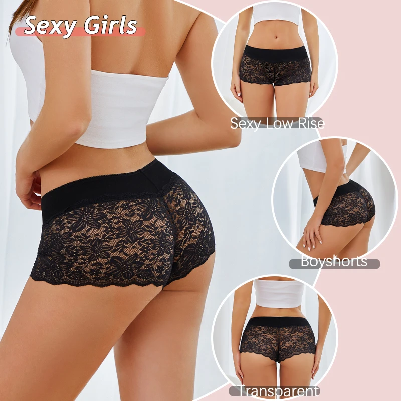 1PCS Floral Lace Panties Low Rise Sexy Lingerie Female Breathable Underwear Solid Color Boyshort Transparent Underpants Elastic