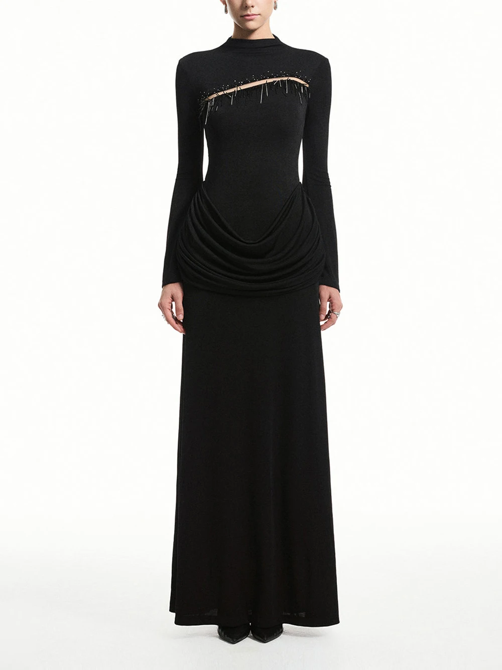 Modphy Slimming Spliced Folds Temperament Dresses for Women Round Neck Long Sleeves Patchwork Tassel Dress Female Clothing