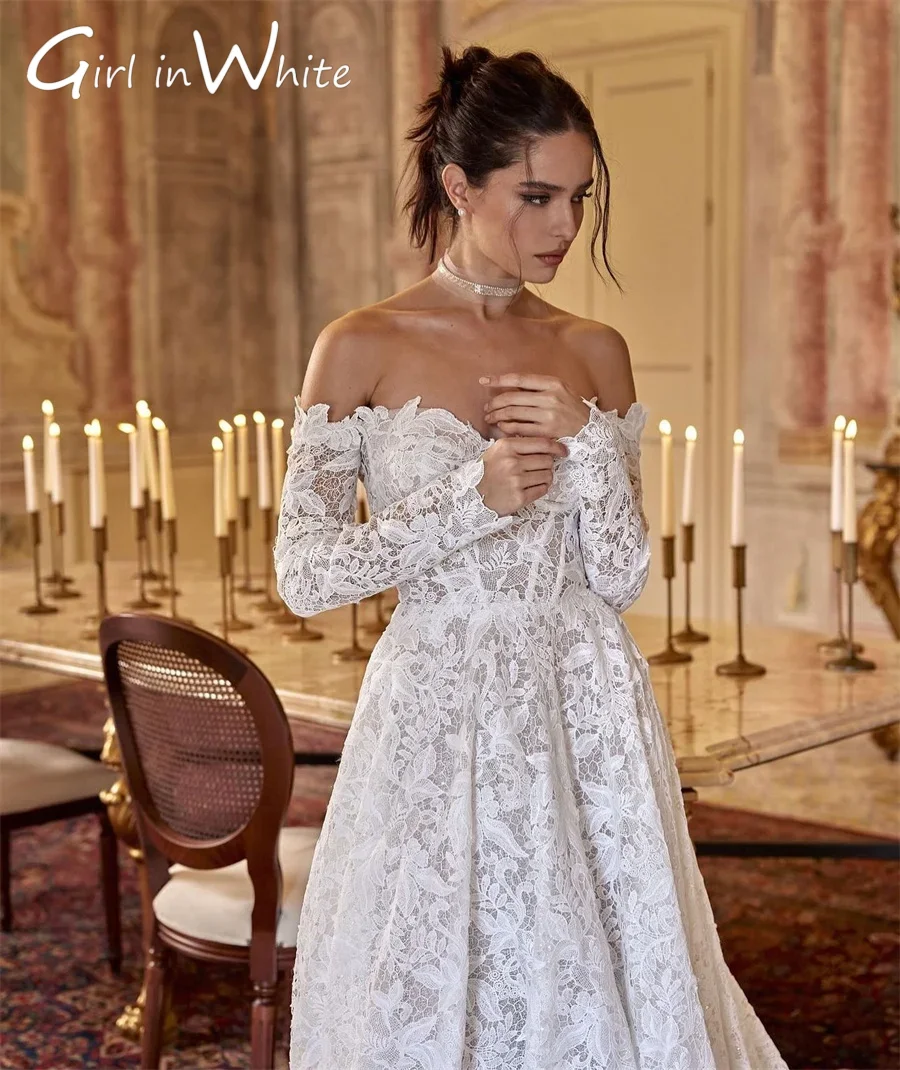 الحبيب ألف خط قبالة الكتف الدانتيل فستان الزفاف 2025 زي العرائس كم طويل عارية الذراعين فساتين زفاف مخصصة لحفل الزفاف