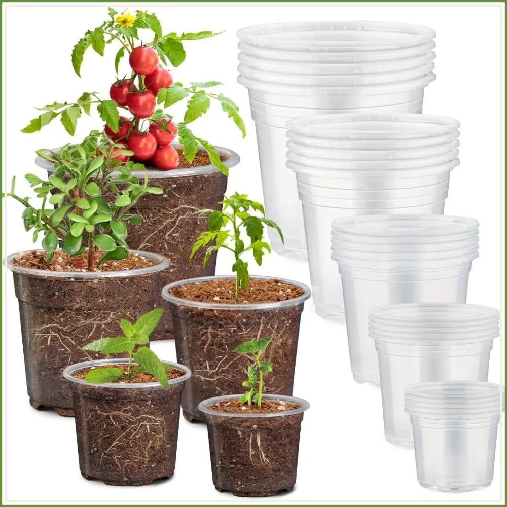 Clear Nursery Pots 30-Pack: 3-7 Inch Flexible Plastic Planters with Drainage Holes for Succulents, Seedlings & More