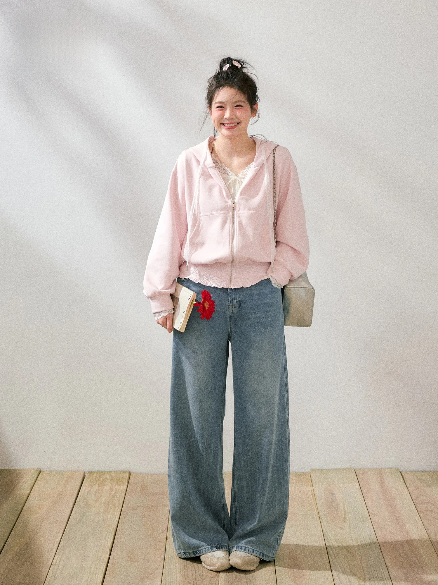 

plus Size Women's Pink Hoodie Jeans Set Korean Sle Spring Slimming Sweet Feeling Commute Loose Fit High Waist Long Pants