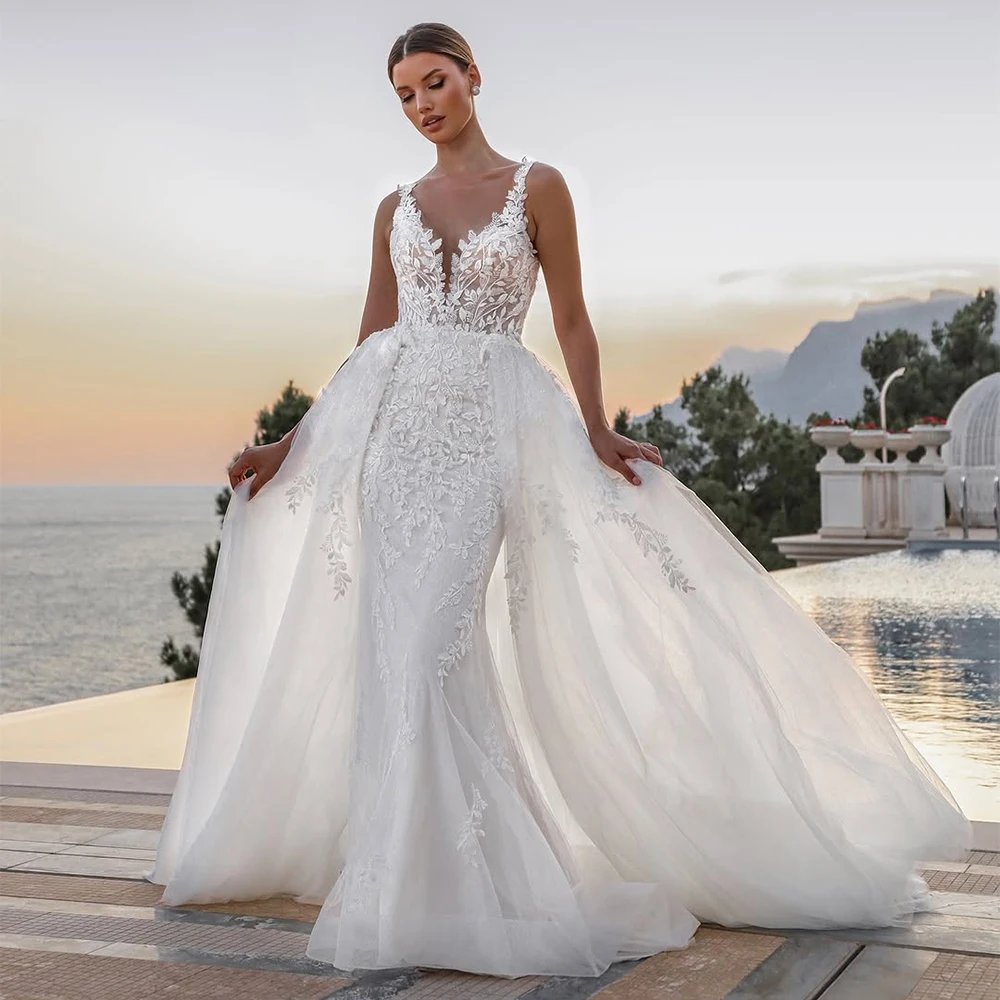 

2 in 1 Weddings Dresses Halter Sleeveless Mermaid Detachable Train Bride Dress Appliques Beach Garden Bridal Gown Customized