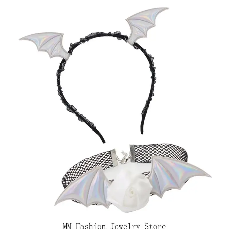 D0ub Devil Bat Hoofdband Bloem Lace Choker Set Demonen Kostuum Accessoires Dolls Toy Carnivals Halloween Cosplay Party Props