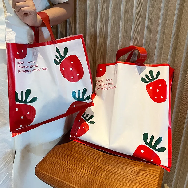 50Pcs Plastic Gift Bags with Handles Strawberry Printed Shopping Bags for Business Thicken Party Favor Bag Cute Gift Packing Bag