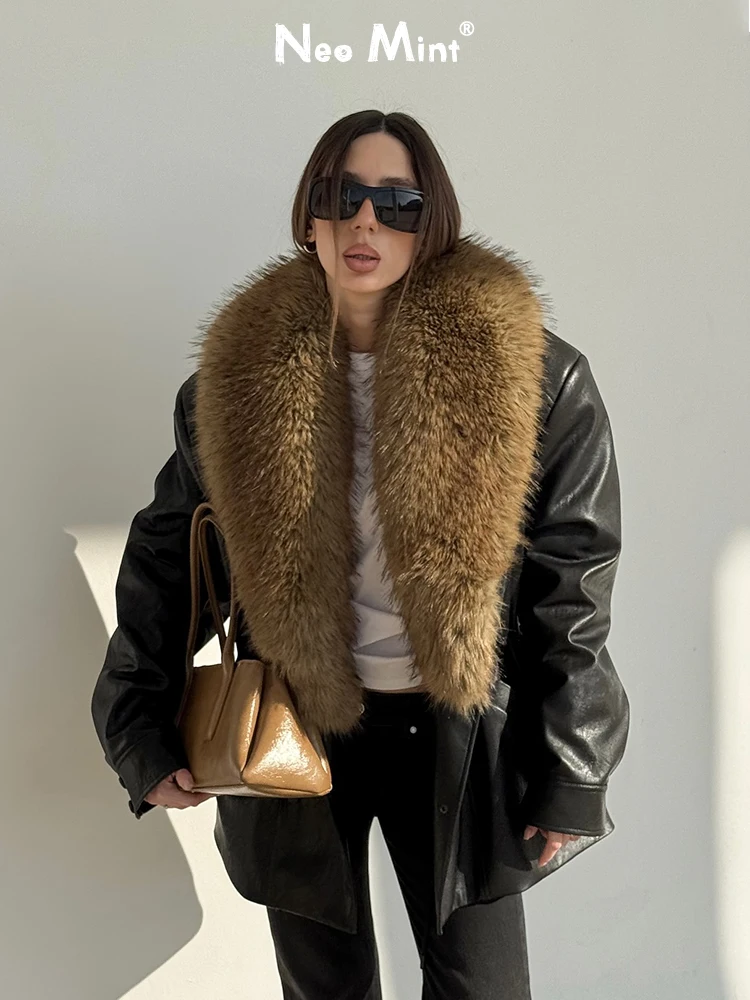 Neo Mint 2026 Winter Detachable Fur Collar Long Faux Leather Coat Women Brand Fashion Black PU Eco Leather Jacket