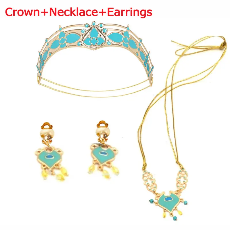 DISNEY Princess Jasmine Costume Play Accessory Vintage Crown Necklace Earrings Aladdin and Magic Lamp Genie Party Props for Kids