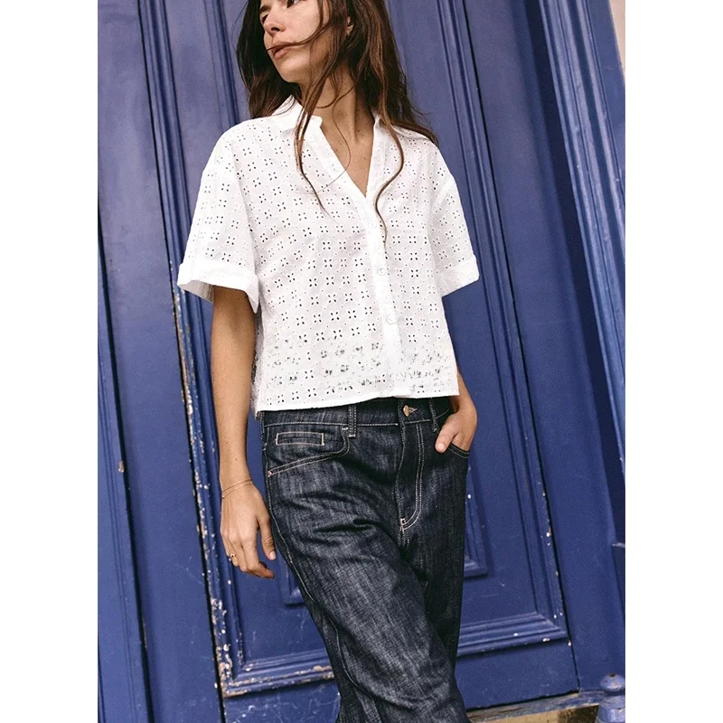 

Casual Embroidered Hollow out ort Sve irt Collared Top Women's Spring Summer Simple Sle Button Decorated ZA 2828865