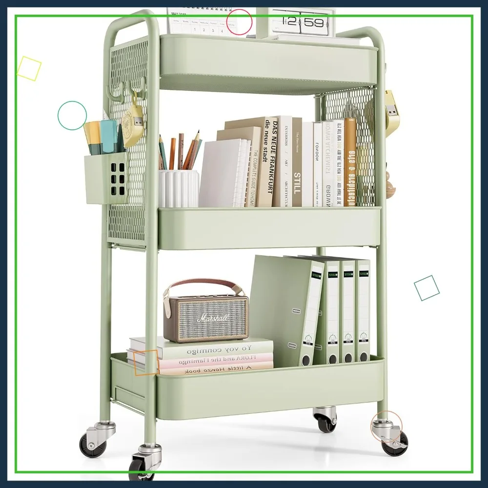 

3-Tier Rolling Utility Cart with Wheels, Hooks & Bins for Storage in Bathroom, Kitchen, Office, Nursery - Sturdy Metal Organizer