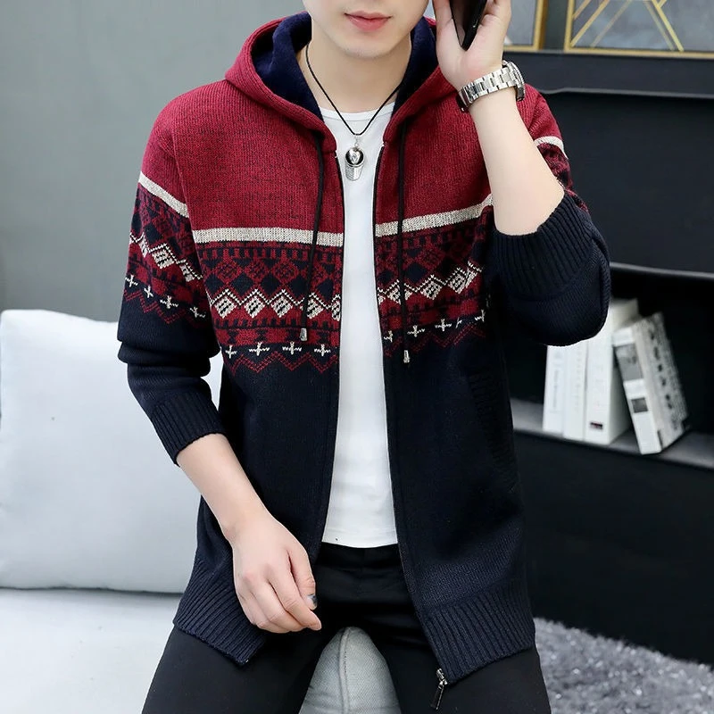 

Мужской теплый вязаный кардиган с капюшоном больших размеров и флисовой подкладкой, молодежная верхняя одежда в корейском стиле