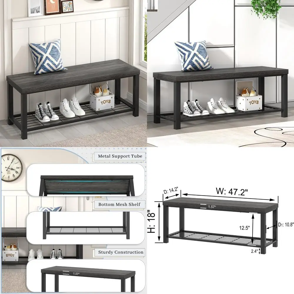 Modern Shoe Storage Bench with Metal Shelf, Industrial Style Entryway Furniture for Bedrooms, Hallways, Living Rooms