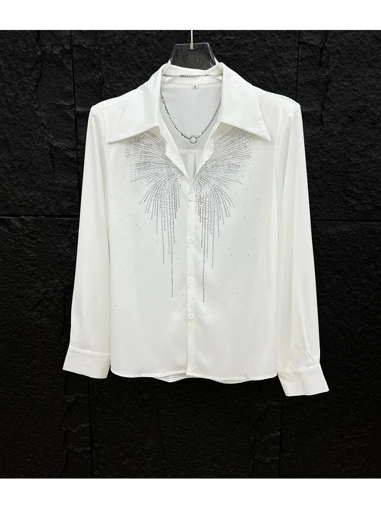 2026 Spring Autumn Fashion Casual Boys Shirt Rhinestone Butterfly Tassel Retro Loose Streetwear Long Sleeve Top Shirts for Men