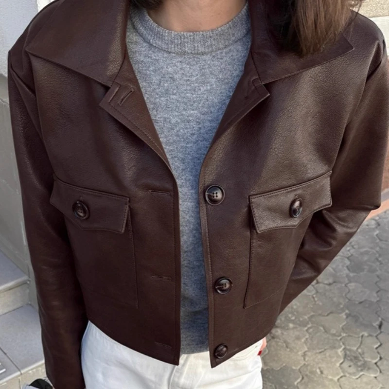 TARUXY Fashion PU Leather Jacket Women's Lapel Pockets Single-Breasted Stitching Coat Autumn Motorcycle Style Commuter Clothing