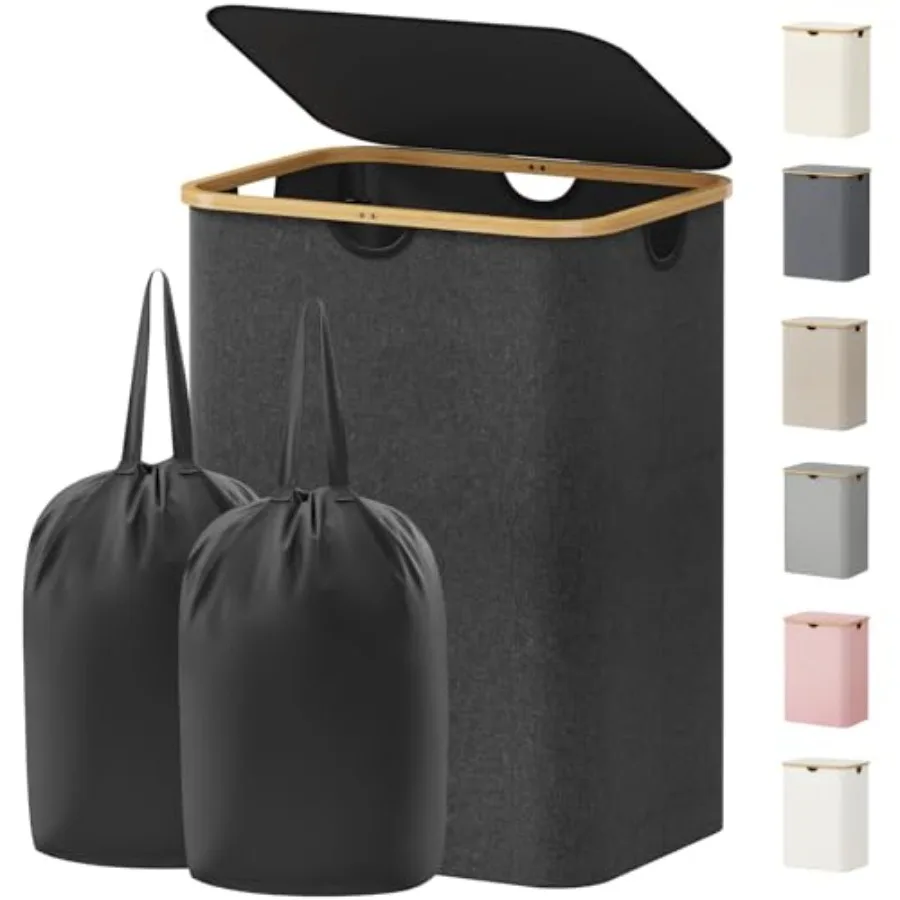 

Корзина для белья с крышкой, бамбуковыми ручками и 2 съемными мешками, большая складная корзина для стирки