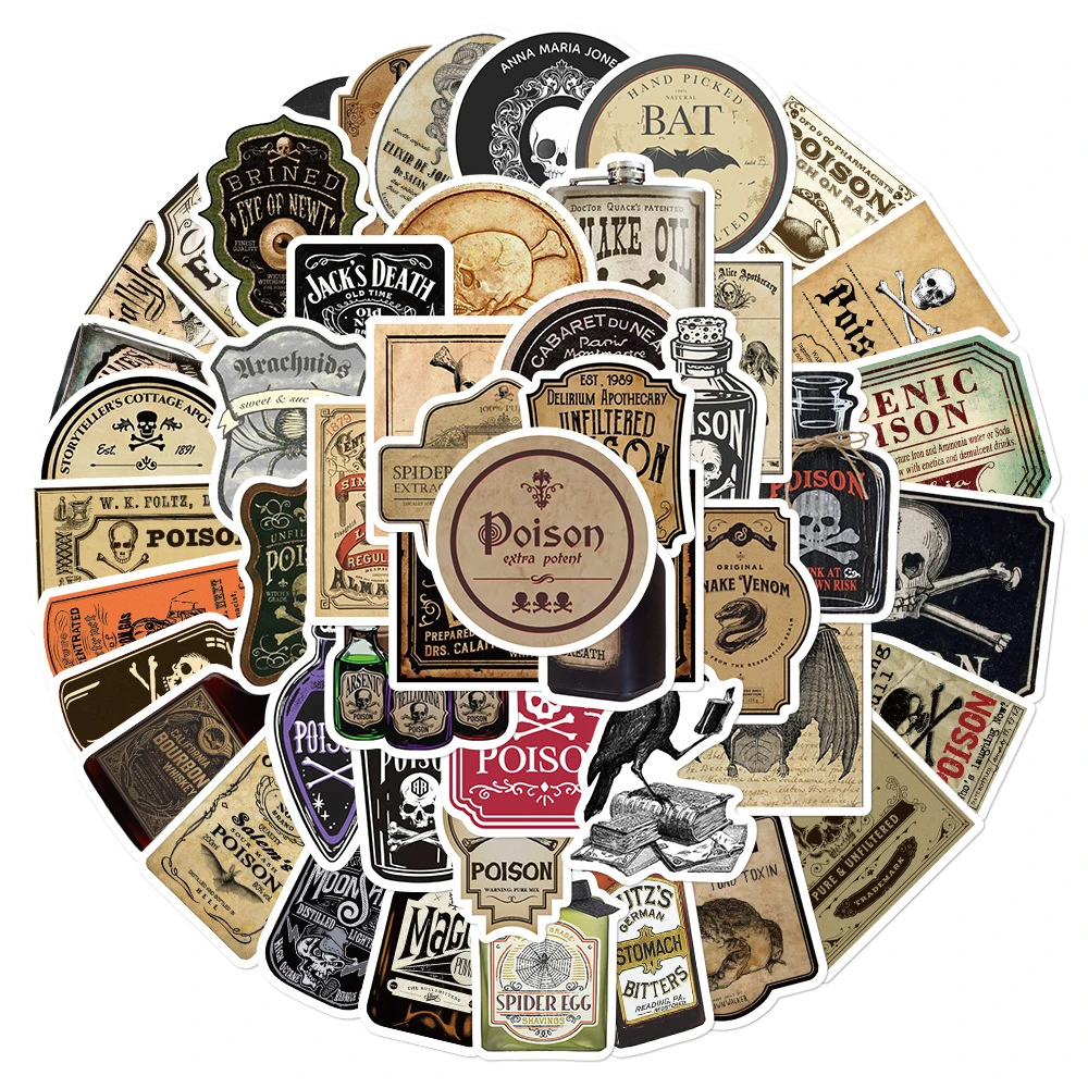 10/30/50pcs Retro Horror Skull Potion Label Cartoon Stickers Gothic Style Decals DIY Notebook Laptop Halloween Graffiti Sticker