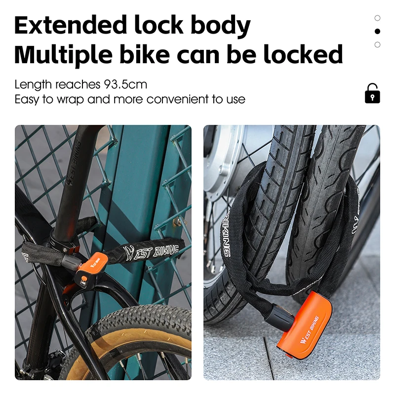 WEST BIKING Bicycle Chain Lock Anti-theft Safety Chain Lock With 2 Keys Durable Stronger E-bike Motorcycle MTB Road Bike Lock