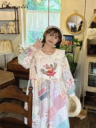 Sweet Girl Pastoral Floral Splicing Three-dimensional Bow Doll Collar Dress Autumn New Fashion Lapel Mid-length Waist Dresses