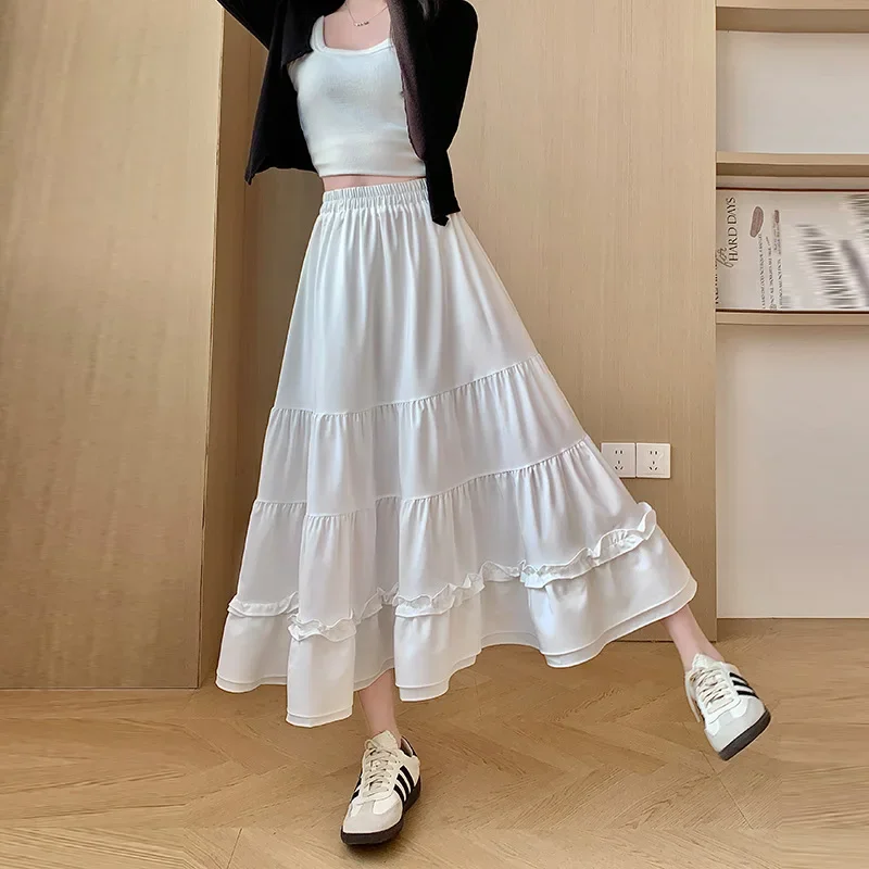 

Solid Skirts Women Spring Summer Ruffled Design A-line High Elastic Waist Sweet Loose Slim All-match Patchwork Korean Style Fit