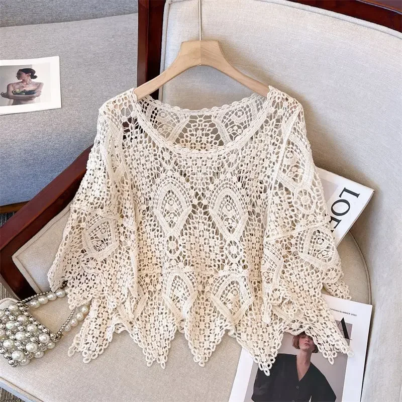 Split sleeved hollowed out knitted sweater short sleeved women's summer new style outerwear cover up thin loose and stylish top