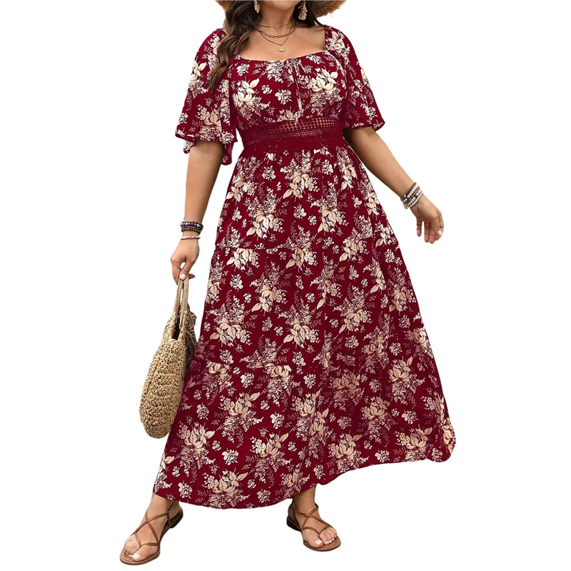 【SEE】여성용 짧은 소매 꽃무늬 드레스 스퀘어 넥 레이스 컷아웃 아일렛 빈티지 Boho Maxi Long 2025