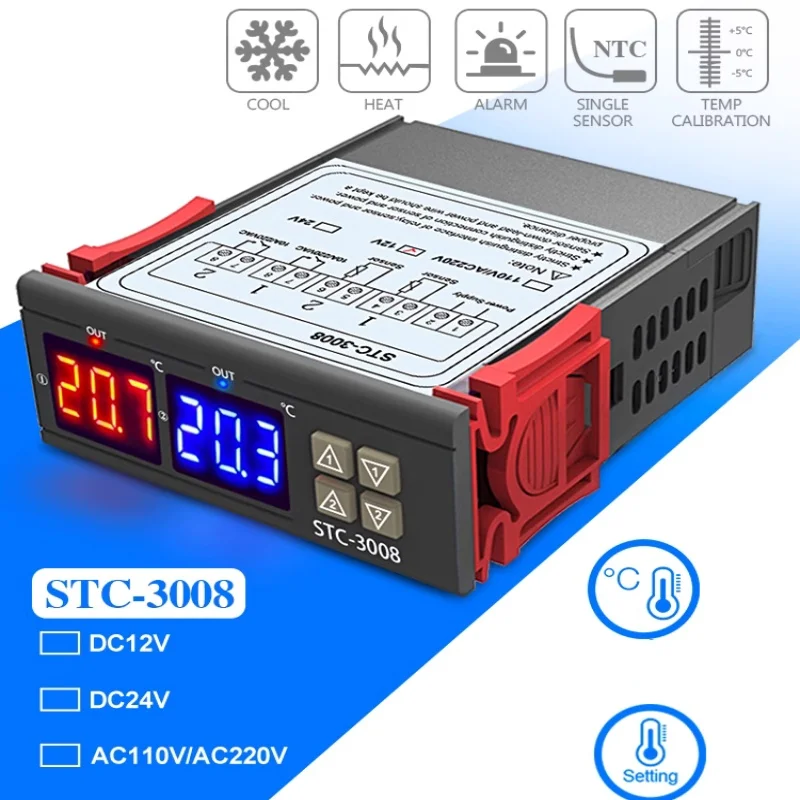 Dual Digital STC-3008 Temperature Controller Two Relay Output Thermostat Heater with Probe 12V 24V 220V Home Fridge Cool Heat