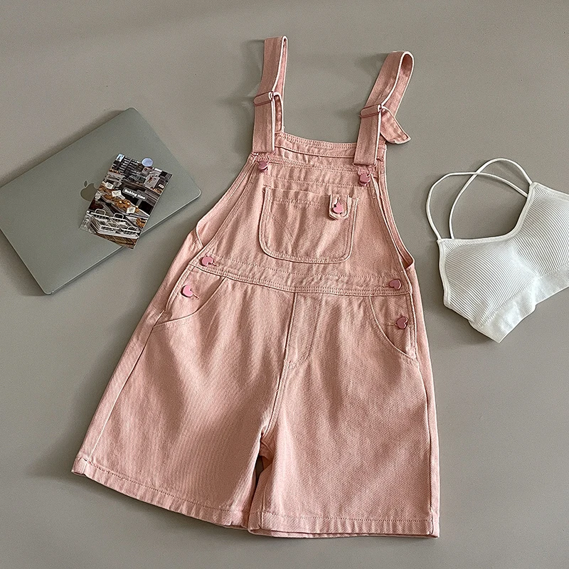 

Korean Style Sweet Women Pink Denim Overalls Summer Fashion Heart Button Design Wide Leg Jean Shorts Ladies Vintage Shorts