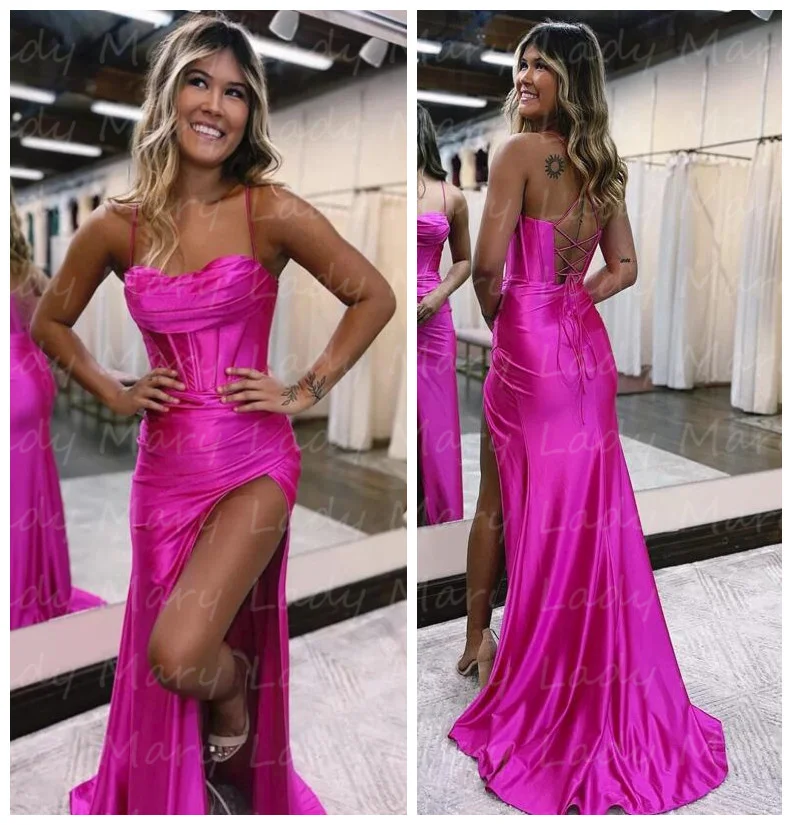 

Charming Fuchsia Prom Dresses Spaghetti Straps Exposed Boning Lacing Tie Back Girls Formal Evening Party Gowns Homecoming Wear