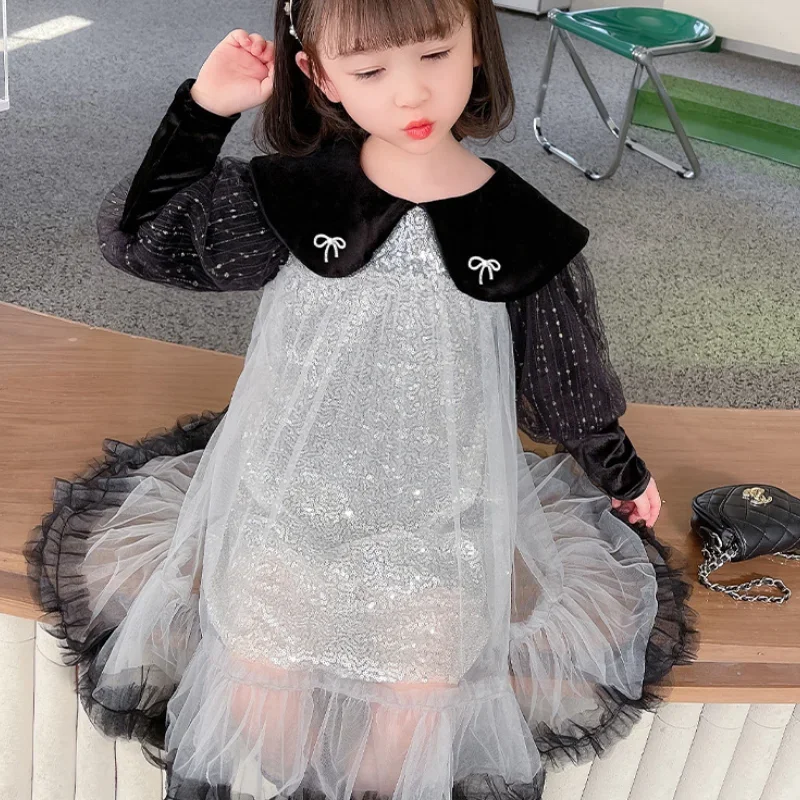 Princesa menina Tule vestido de lantejoulas, manga comprida, vestido arco para crianças, festa de aniversário, vestido de baile por 2 anos, 4 anos, 6 anos, 8 anos, crianças de 10 anos