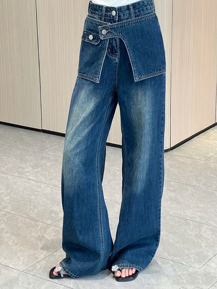 Blauwe denim jeans met wijde pijpen dames herfst nieuw ontwerp faionable gordijn rechte vloerlengte broek splitsen ket ontwerp