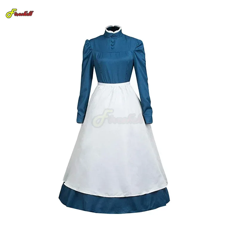 Japanese Anime Howl's Moving Castle Hatter Wizard Howl Sophie Cosplay Blue Long Sleeve Maid Dress Halloween Fancy Costume US6337