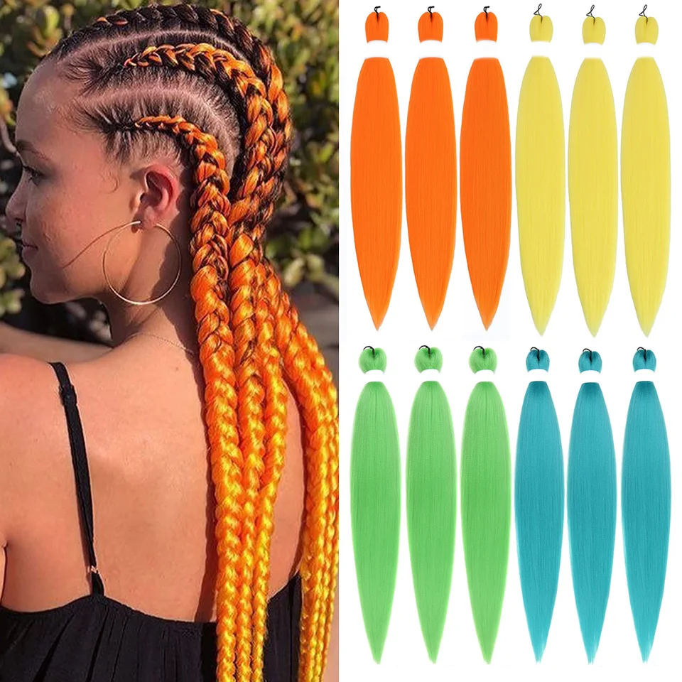 1/3/6 piezas extensiones para trenzas preestiradas yaki sintético crochet se ajusta con agua caliente verde rosa naranja amarillo