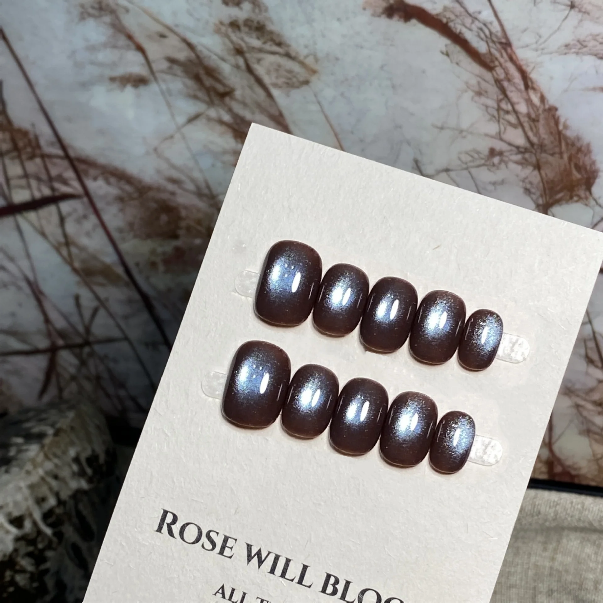 

10PCS Simple Deep Brown Cat Eye Short Square Round Handmade Press on Nails Shiny Blue Chic False Nails Detachable Fake Nail Tips