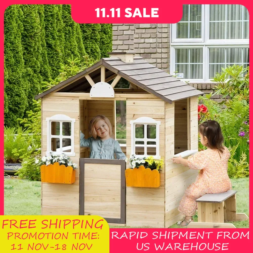 Playhouses, Wooden Playhouse for Kids Outdoor Garden Pretend Play Games, Adventures Cottage, with Working Door, Windows, Bench