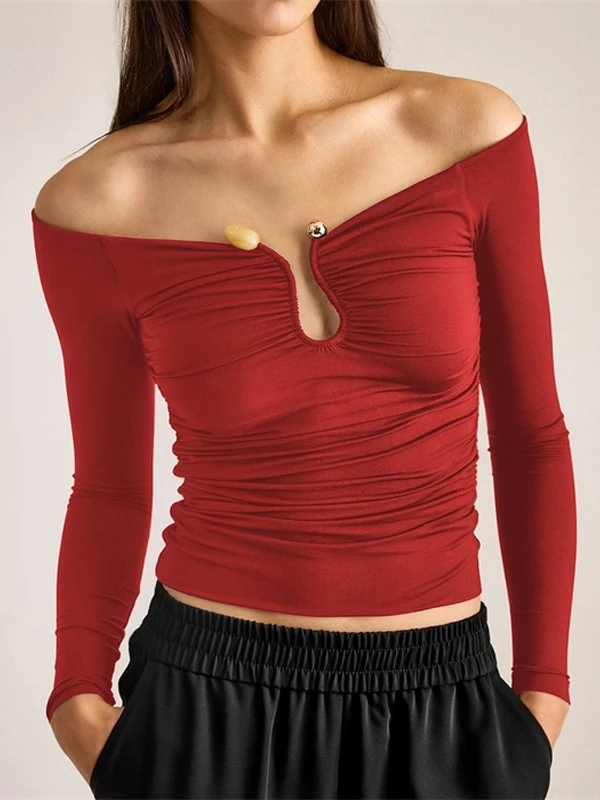 

Сексуальная облегающая футболка на одно плечо с длинным светом, женская футболка с высокой талией, однотонная, влажная, ng, европейская футболка irt