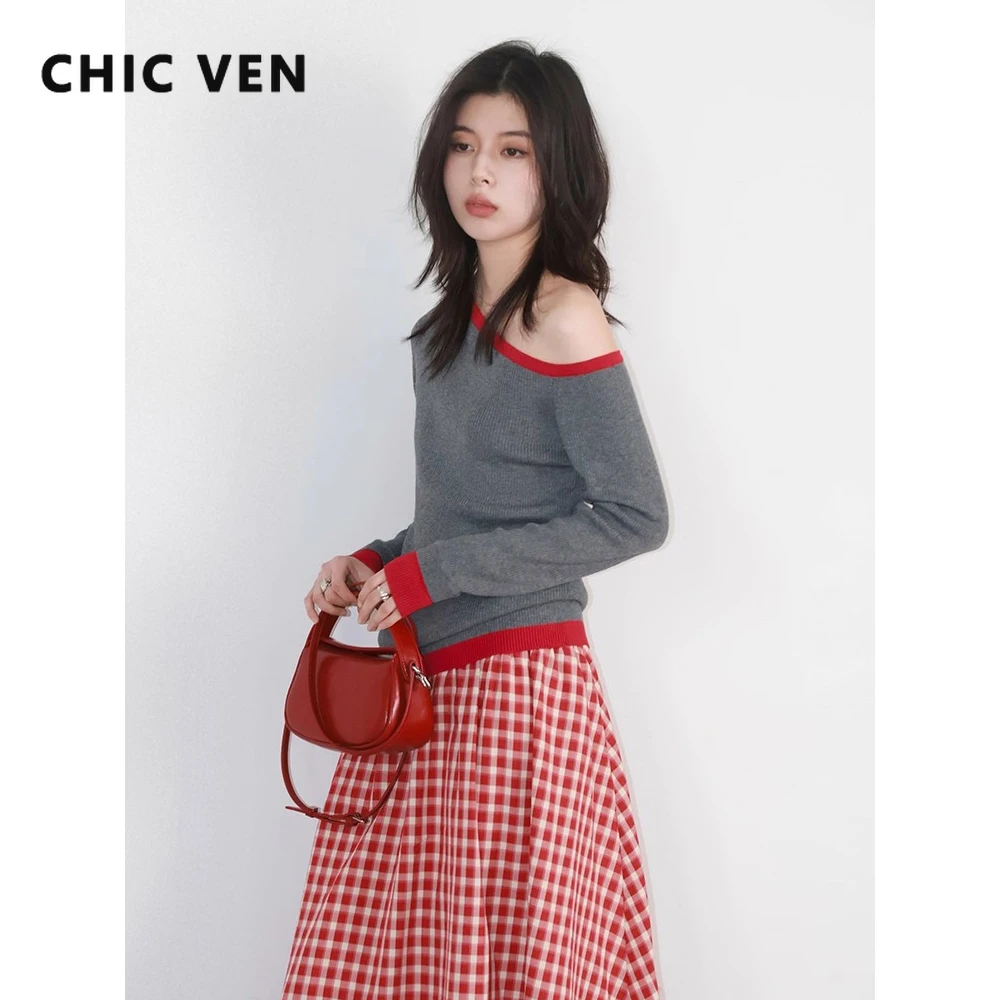 CHIC VEN Moda Donna Maglioni Casual Spalla inclinata Patchwork Maglia Maglioni Pullover femminile Design Top Primavera Autunno 2025