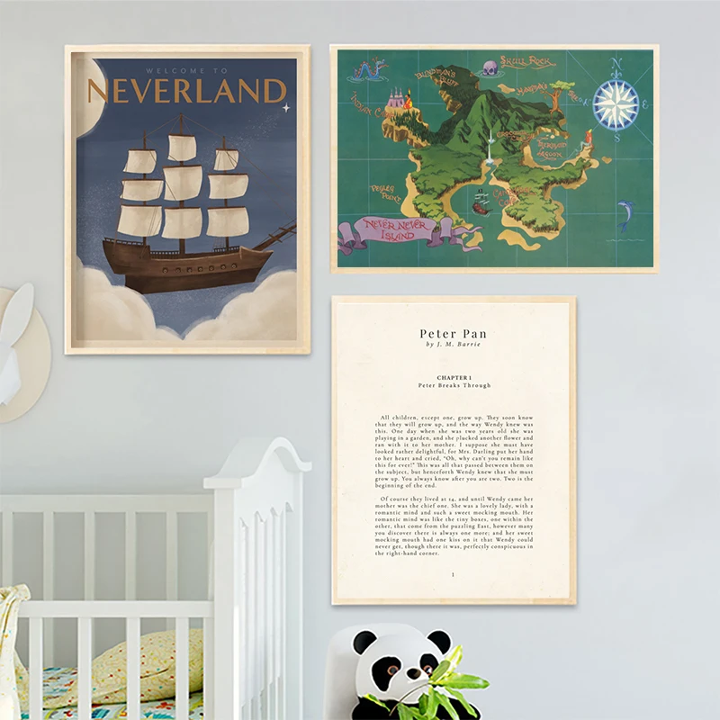 Peter Pan NeverLand Map Poster Canvas Painting Vintage Travel Posters Retro Nursery Decoration Pictures For Literary Kids Room