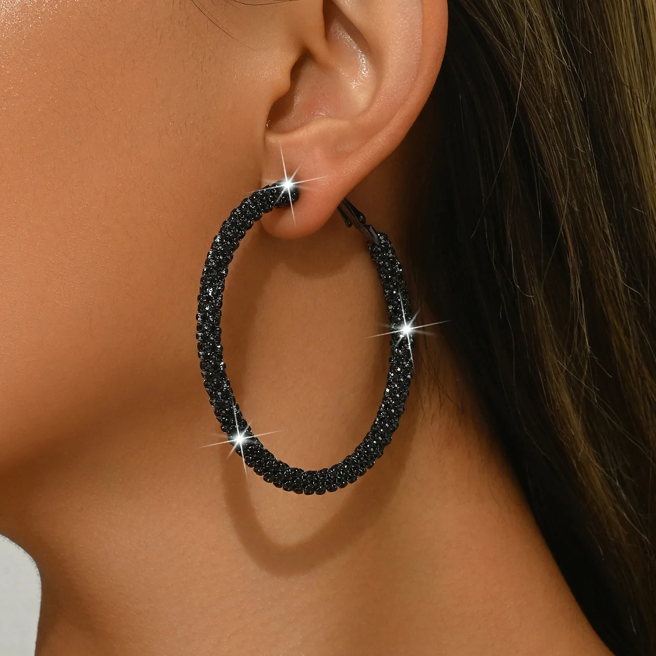 BLIJERY Trendy Vintage Black Rhinestone Crystal Circle Hoop Earrings for Women Night Party Accessories Stage Show Ear Jewelry