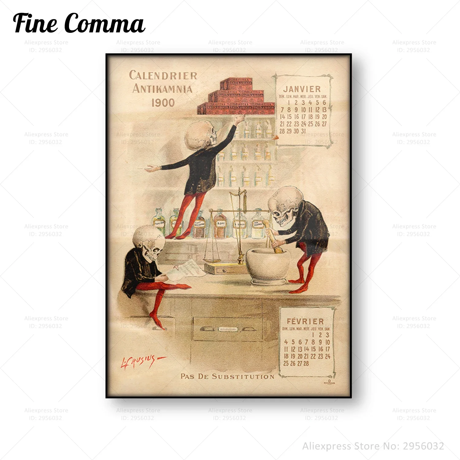 Vintage Poster Antikamnia Calendar Antique Medical Skulls Skeleton Illustration Wall Art Canvas Print Funny Bone Wall Decor