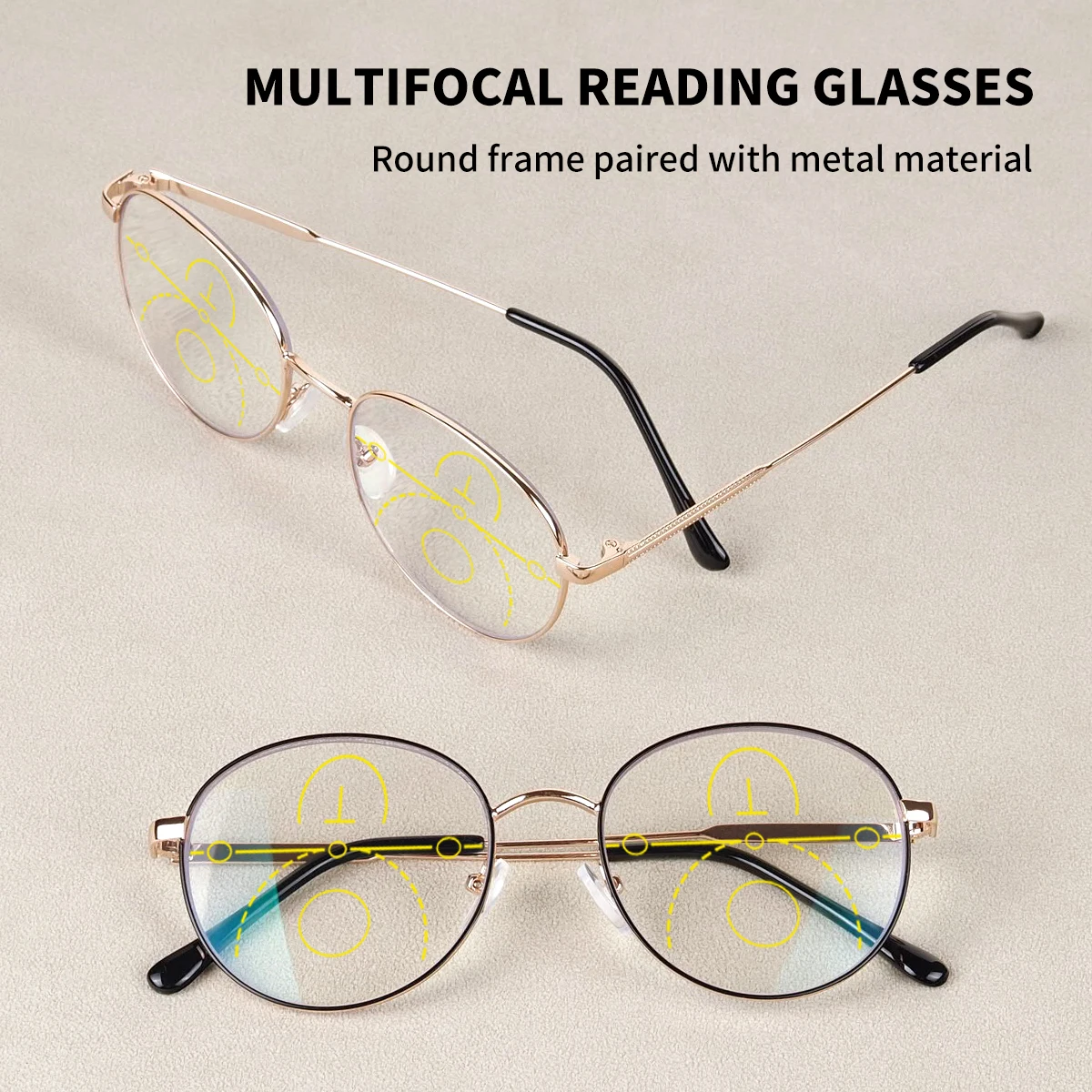 Occhiali da lettura multifocali progressivi, montatura rotonda retrò, cerniera in metallo, stesso stile per uomini e donne.