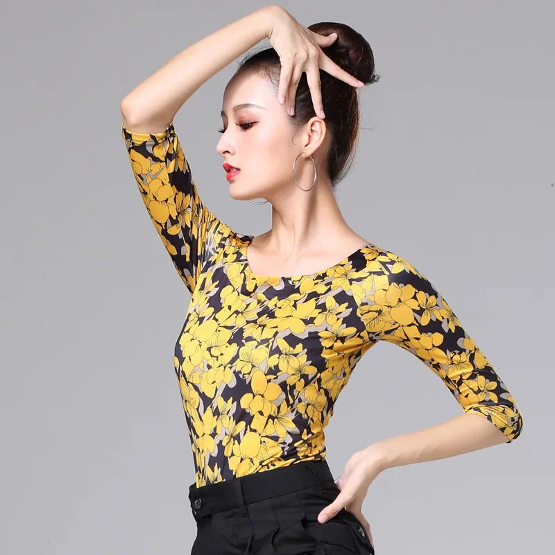 Adult Women Latin Dance Tops O-Neck Long Sleeve Mesh Elasticity Latin Practice Wear Standard Ballroom Dance Clothes Women Tops