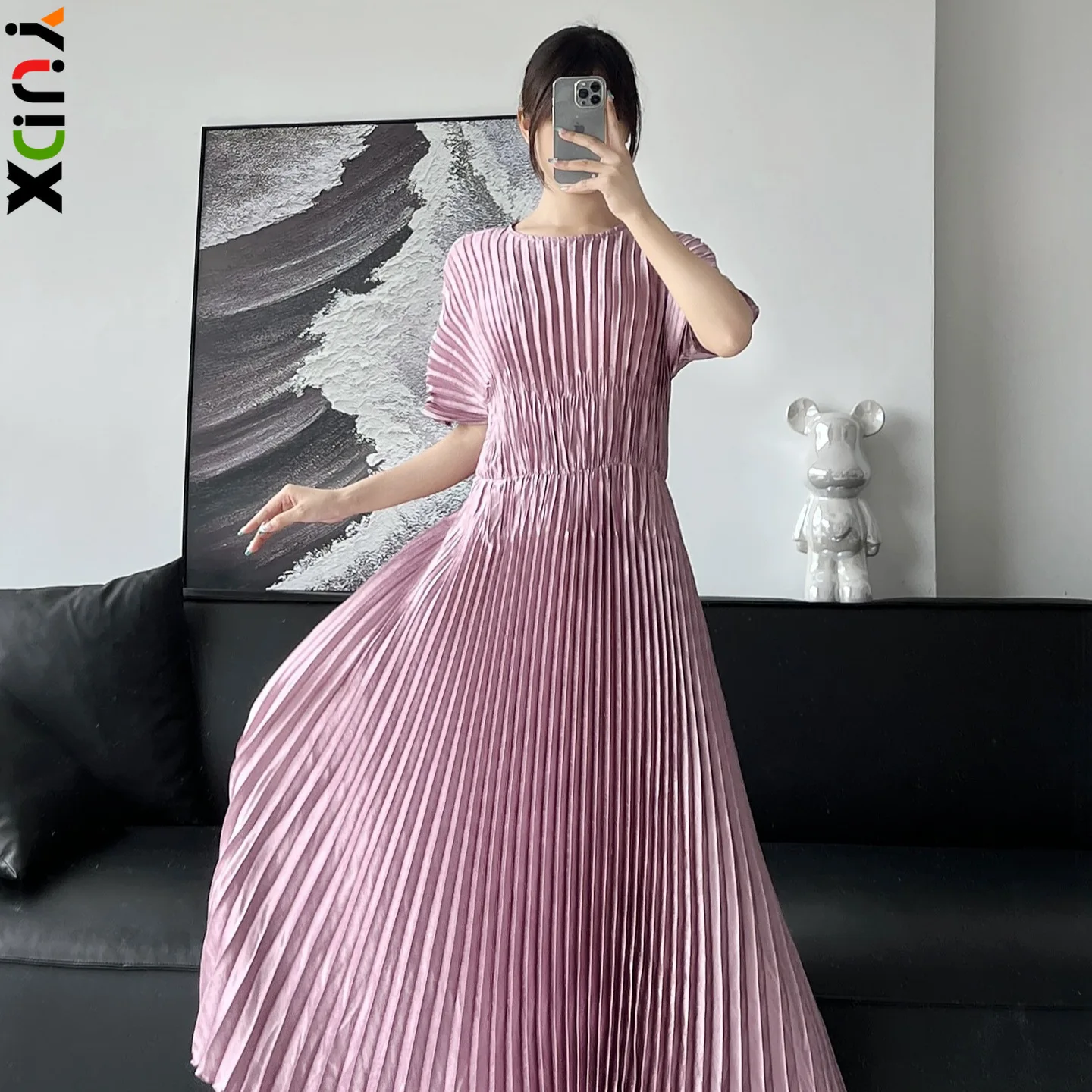 YUDX Pleated Butterfly Sleeve Solid Color Elegant Slim Women\'s Dress Printed Fashion Temperament Dress 2024 Summer New